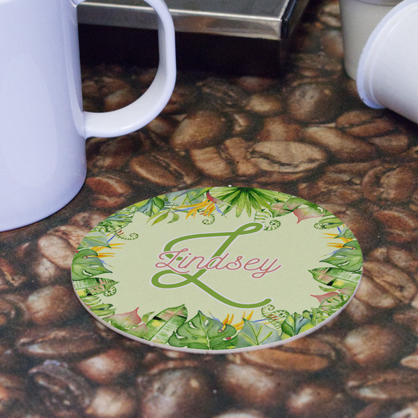 Tropical Leaves Border Round Paper Coaster - Front