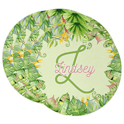 Tropical Leaves Border Round Paper Coasters w/ Name and Initial