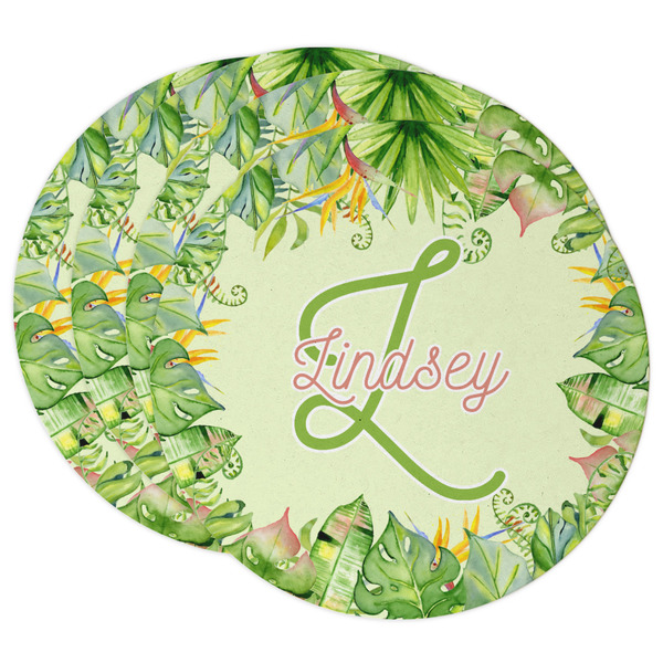 Custom Tropical Leaves Border Round Paper Coasters w/ Name and Initial
