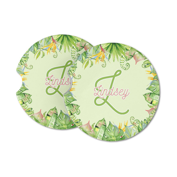 Custom Tropical Leaves Border Sandstone Car Coasters - Set of 2 (Personalized)