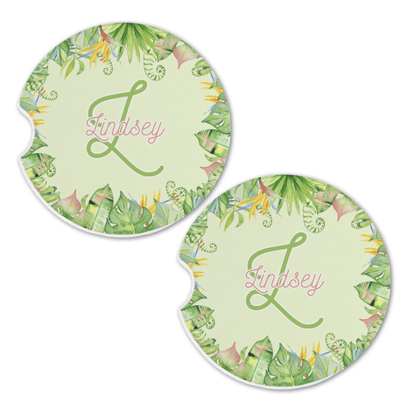 Tropical Leaves Border Sandstone Car Coasters - Set of 2