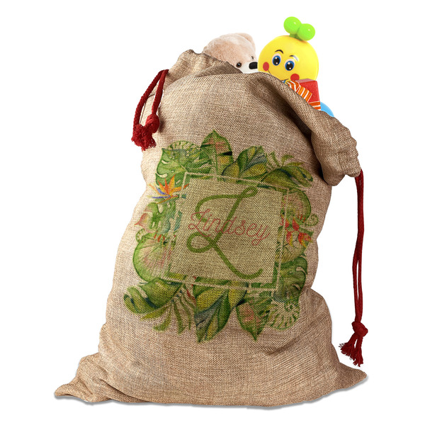 Tropical Leaves Border Santa Bag - Front (stuffed w toys) PARENT