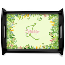 Tropical Leaves Border Black Wooden Tray - Large (Personalized)