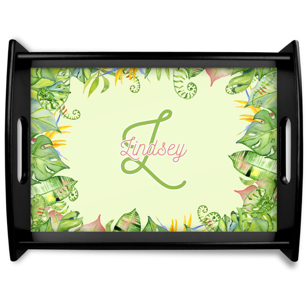 Custom Tropical Leaves Border Black Wooden Tray - Large (Personalized)