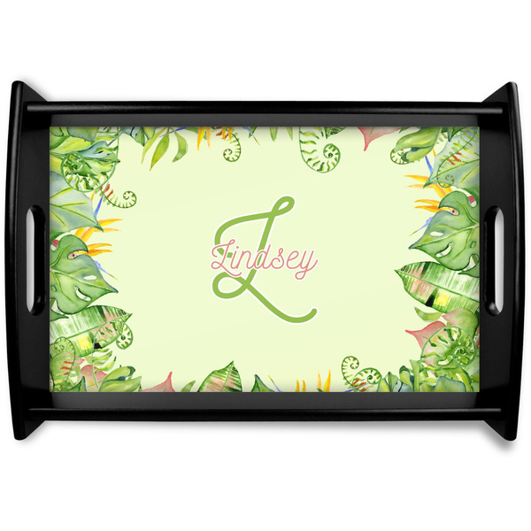 Custom Tropical Leaves Border Black Wooden Tray - Small (Personalized)
