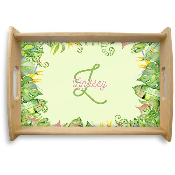 Custom Tropical Leaves Border Natural Wooden Tray - Small (Personalized)