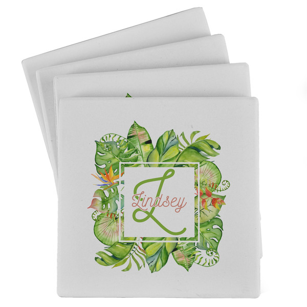 Custom Tropical Leaves Border Absorbent Stone Coasters - Set of 4 (Personalized)