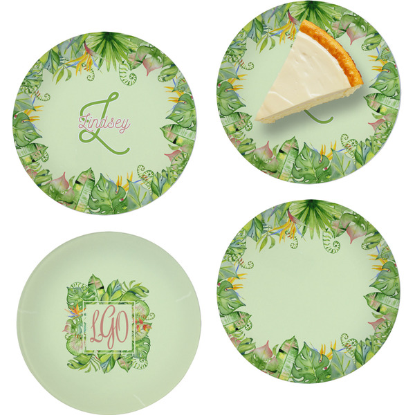 Custom Tropical Leaves Border Set of 4 Glass Appetizer / Dessert Plate 8" (Personalized)