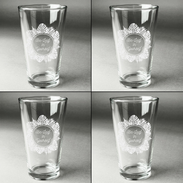 Tropical Leaves Border Set of Four Engraved Beer Glasses - Individual View