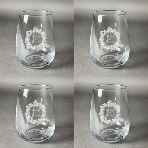 Tropical Leaves Border Set of Four Personalized Stemless Wineglasses (Approval)