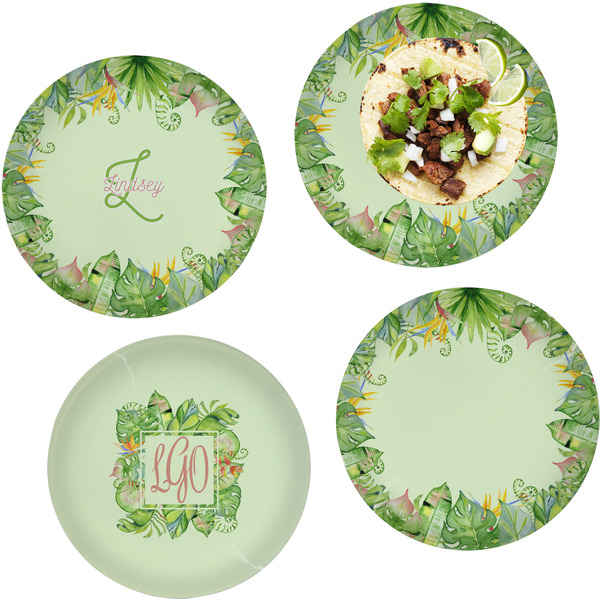 Custom Tropical Leaves Border Set of 4 Glass Lunch / Dinner Plate 10" (Personalized)