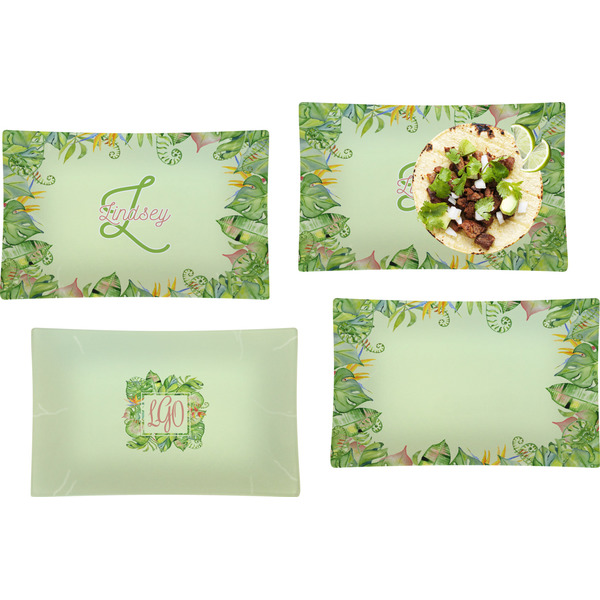 Custom Tropical Leaves Border Set of 4 Glass Rectangular Lunch / Dinner Plate (Personalized)