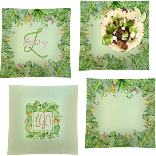 Custom Tropical Leaves Border Set of 4 Glass Square Lunch / Dinner Plate 9.5" (Personalized)