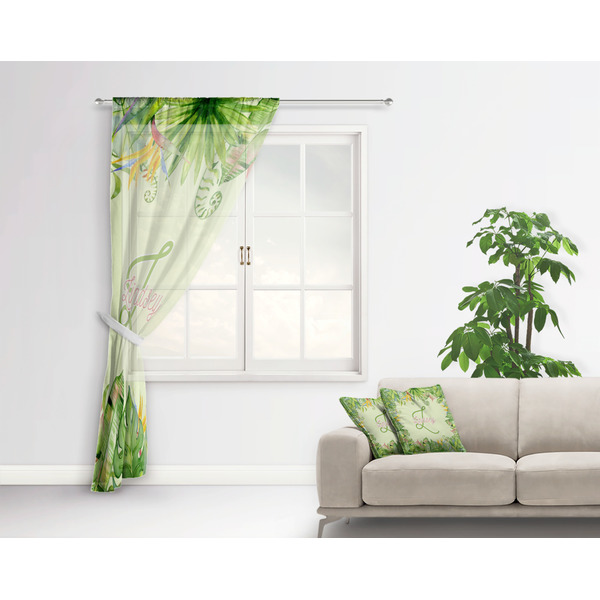 Tropical Leaves Border Sheer Curtain With Window and Rod - in Room Matching Pillow
