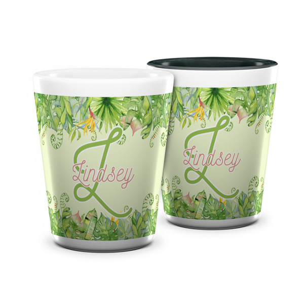 Custom Tropical Leaves Border Ceramic Shot Glass - 1.5 oz (Personalized)