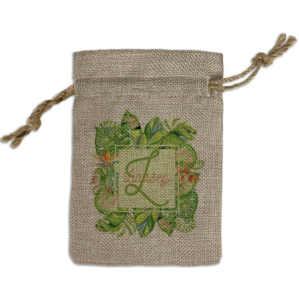Custom Tropical Leaves Border Small Burlap Gift Bag - Front (Personalized)