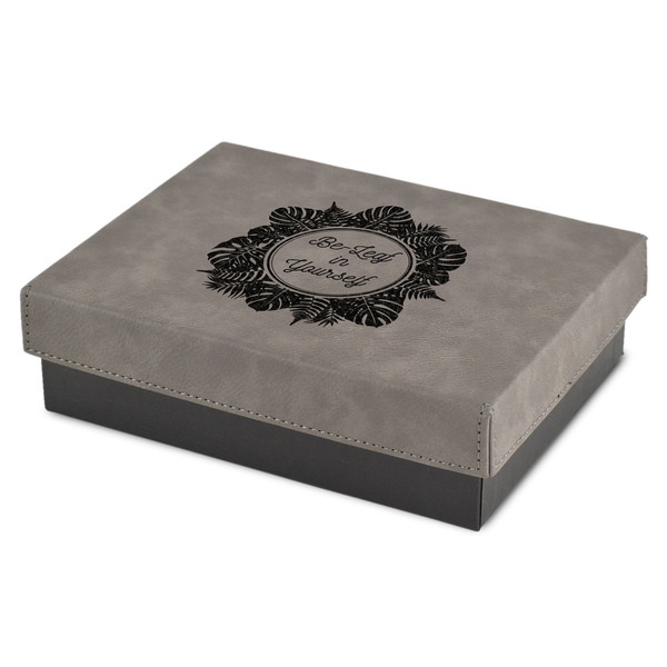 Custom Tropical Leaves Border Small Gift Box w/ Engraved Leather Lid (Personalized)