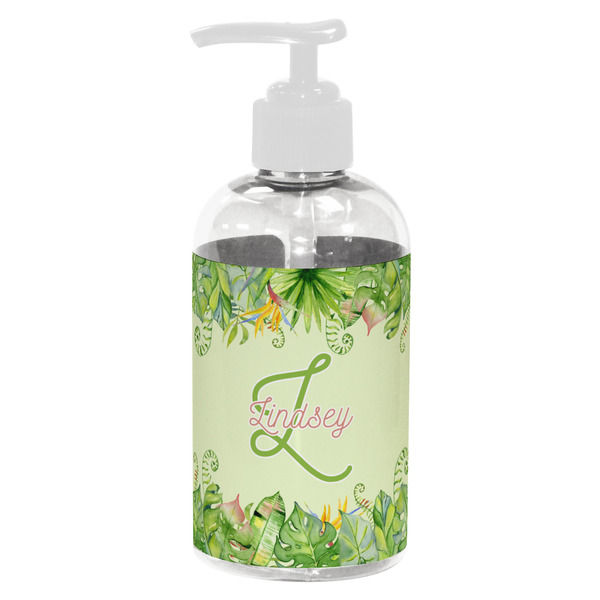 Custom Tropical Leaves Border Plastic Soap / Lotion Dispenser (8 oz - Small - White) (Personalized)