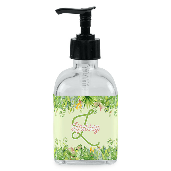 Custom Tropical Leaves Border Glass Soap & Lotion Bottle - Single Bottle (Personalized)