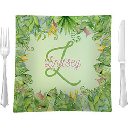 Tropical Leaves Border Glass Square Lunch / Dinner Plate 9.5" (Personalized)