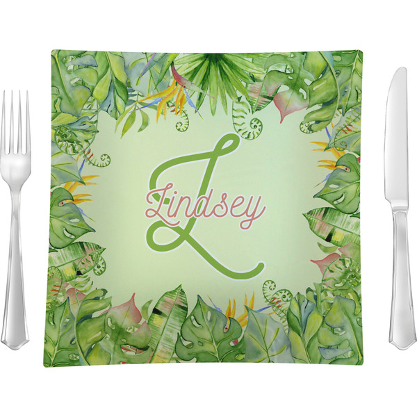 Custom Tropical Leaves Border Glass Square Lunch / Dinner Plate 9.5" (Personalized)