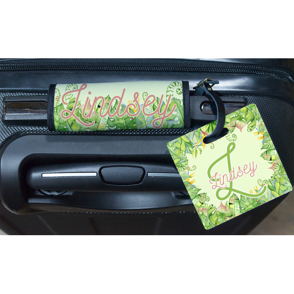Tropical Leaves Border Square Luggage Tag & Handle Wrap - In Context