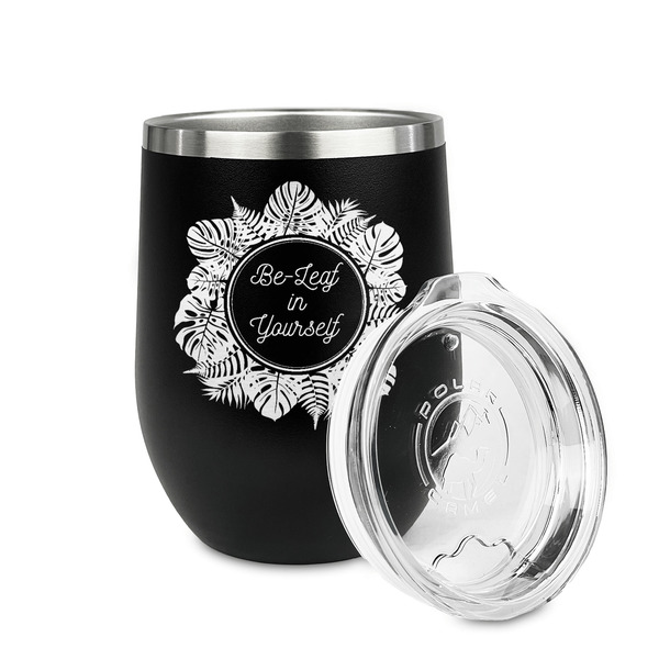Tropical Leaves Border Stainless Wine Tumblers - Black - Double Sided - Alt View