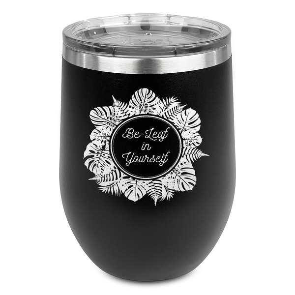 Custom Tropical Leaves Border Stemless Stainless Steel Wine Tumbler - Black - Double Sided (Personalized)