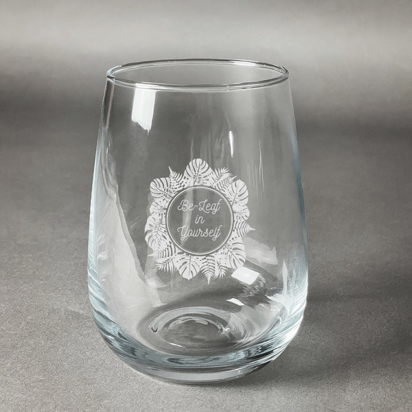 Custom Tropical Leaves Border Stemless Wine Glass (Single) (Personalized)