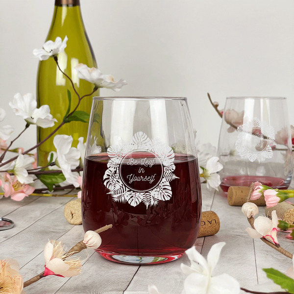 Tropical Leaves Border Stemless Wine Glass - In Context