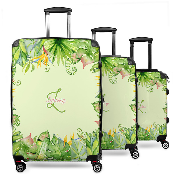 Custom Tropical Leaves Border 3 Piece Luggage Set - 20" Carry On, 24" Medium Checked, 28" Large Checked (Personalized)