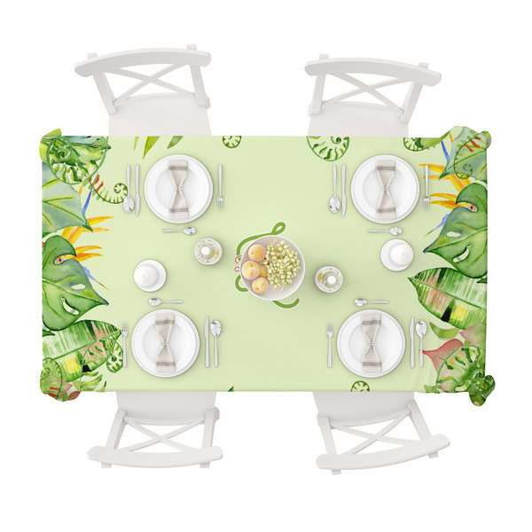 Tropical Leaves Border Tablecloths (58"x102") - TOP VIEW (with plates)