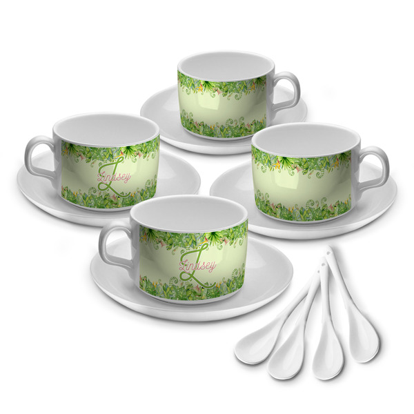 Custom Tropical Leaves Border Tea Cup - Set of 4 (Personalized)