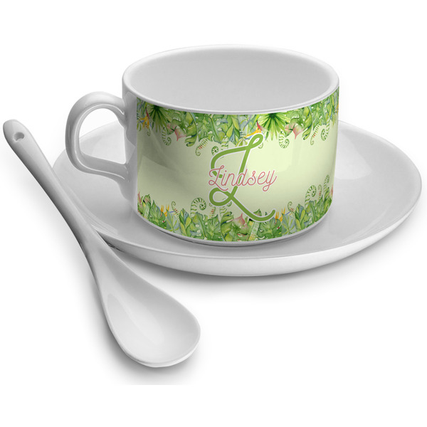 Custom Tropical Leaves Border Tea Cup - Single (Personalized)