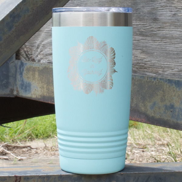 Custom Tropical Leaves Border 20 oz Stainless Steel Tumbler - Teal - Single Sided (Personalized)