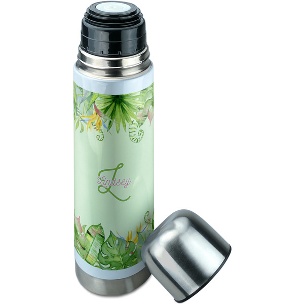 Tropical Leaves Border Thermos - Lid Off