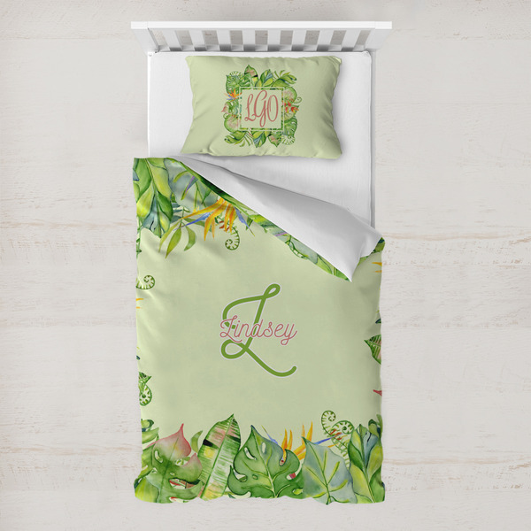 Custom Tropical Leaves Border Toddler Bedding Set - With Pillowcase (Personalized)