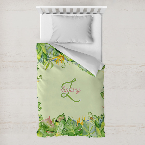 Custom Tropical Leaves Border Toddler Duvet Cover w/ Name and Initial