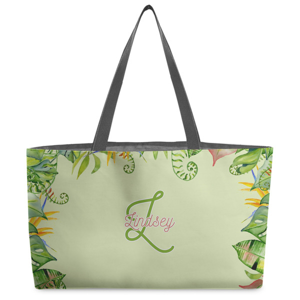 Custom Tropical Leaves Border Beach Totes Bag - w/ Black Handles (Personalized)