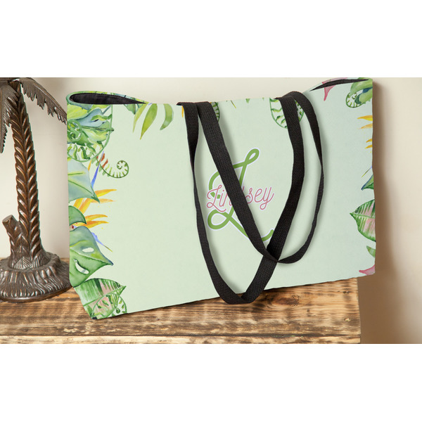 Tropical Leaves Border Tote w/Black Handles - Lifestyle View