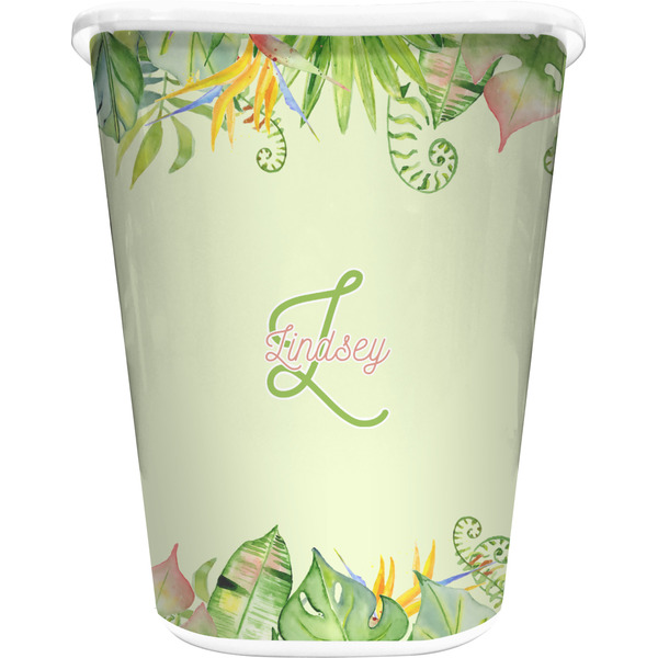 Custom Tropical Leaves Border Waste Basket - Single Sided (White) (Personalized)