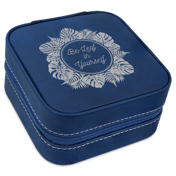 Custom Tropical Leaves Border Travel Jewelry Box - Navy Blue Leather (Personalized)