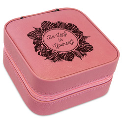 Tropical Leaves Border Travel Jewelry Boxes - Pink Leather (Personalized)