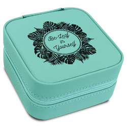 Tropical Leaves Border Travel Jewelry Box - Teal Leather (Personalized)