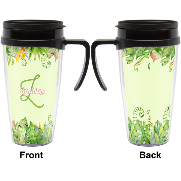 Tropical Leaves Border Travel Mug with Black Handle - Approval