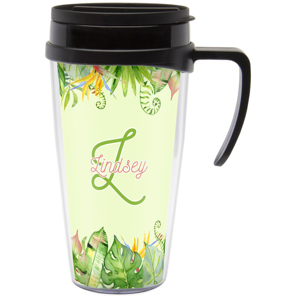 Custom Tropical Leaves Border Acrylic Travel Mug with Handle (Personalized)