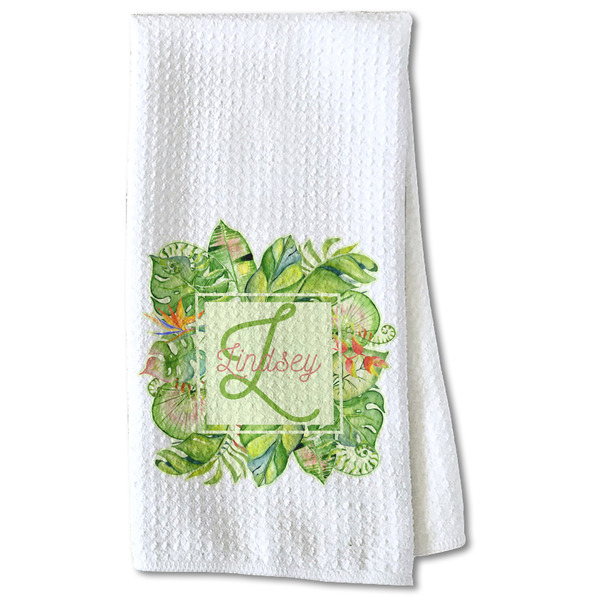 Custom Tropical Leaves Border Kitchen Towel - Waffle Weave - Partial Print (Personalized)