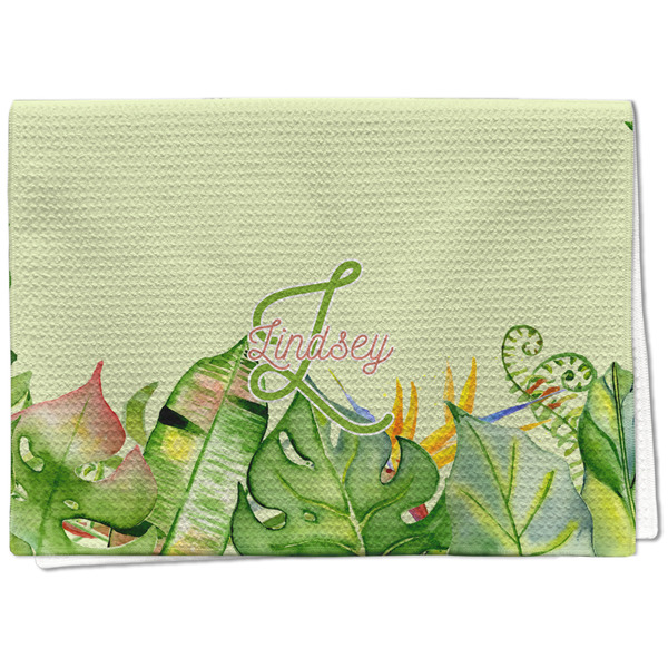 Custom Tropical Leaves Border Kitchen Towel - Waffle Weave (Personalized)