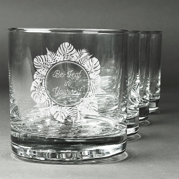 Custom Tropical Leaves Border Whiskey Glasses (Set of 4) (Personalized)