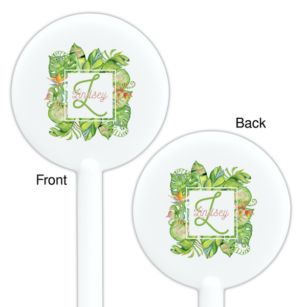 Tropical Leaves Border White Plastic 5.5" Stir Stick - Double Sided - Round - Front & Back